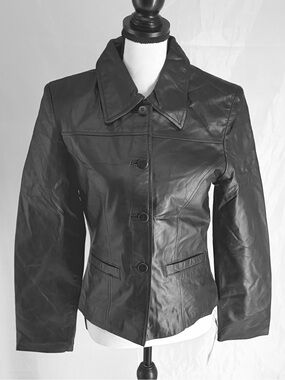 Women's Black Leather Button-Front Jacket